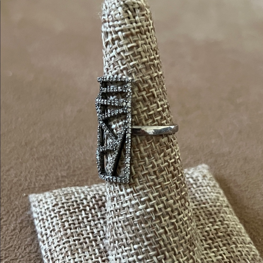 Black Diamond Geometric Silver Ring - image 4